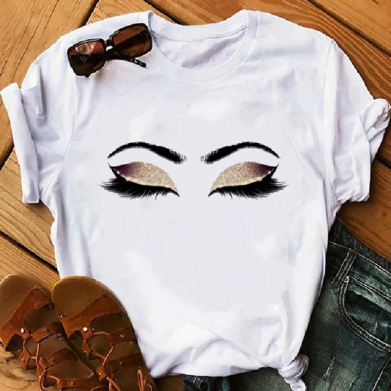 Makeup Plus Beauty - تي شيرت بطبعات رموش جمالية للنساء